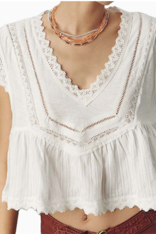 Lace-Trimmed Sleeveless Ruffle Top