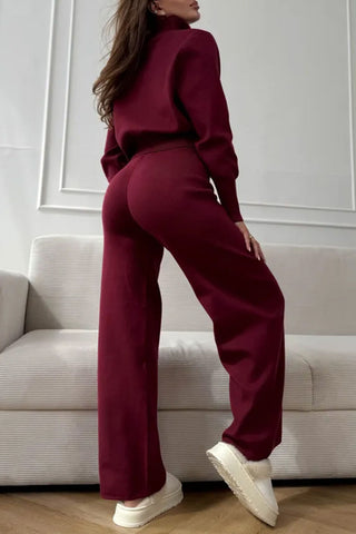 Zip-Front Mock Neck Knit Pants Set