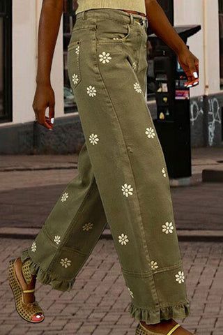 Daisy Print Ruffle Hem Wide Leg Pants