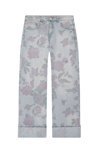 Floral Print Cuffed Wide Leg Jeans