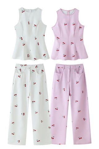 Print Sleeveless Peplum Top and Wide-Leg Pants Set