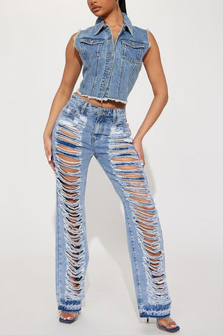 Distressed Straight-Leg Denim Pants
