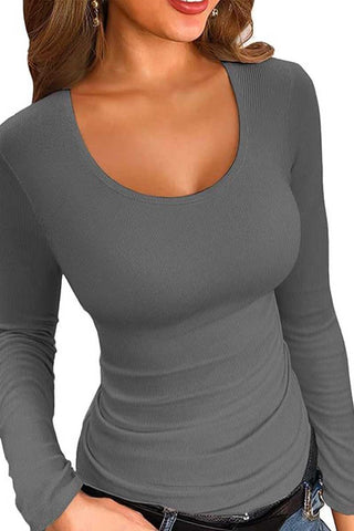Ribbed Scoop Neck Long Sleeve T-Shirt