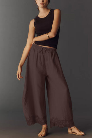 Lace-Trim Wide-Leg Casual Pants