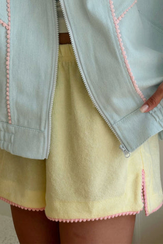 Pom-Pom Trim Zip-Up Mock Neck Jacket