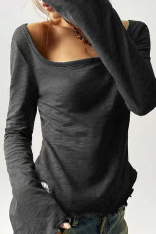 Square Neck Long Sleeve Ruffle Hem Top