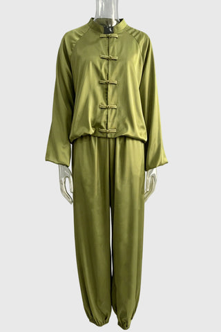 Tie Closure Stand Collar Wide Leg Pants Set