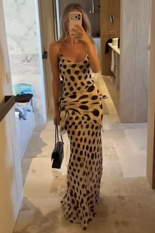 Polka Dot Spaghetti Strap Tie Waist Maxi Dress