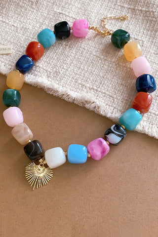 Chunky Bead Sunburst Charm Necklace