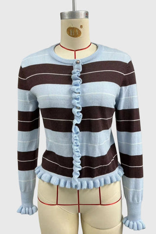 Striped Ruffle Trim Crew Neck Sweater