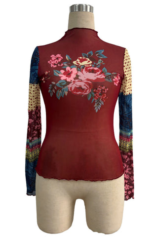 Sheer Mesh Floral Patchwork Mock Neck Top