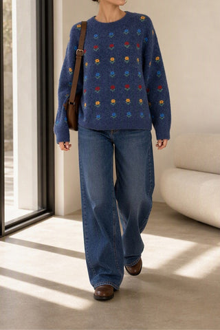 Floral Applique Crew Neck Knit Sweater