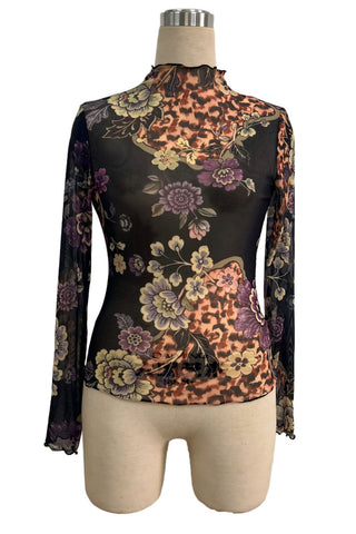 Sheer Floral Mock Neck Long Sleeve Blouse
