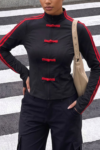 Striped Sleeve Frog Closure Zip Jacket