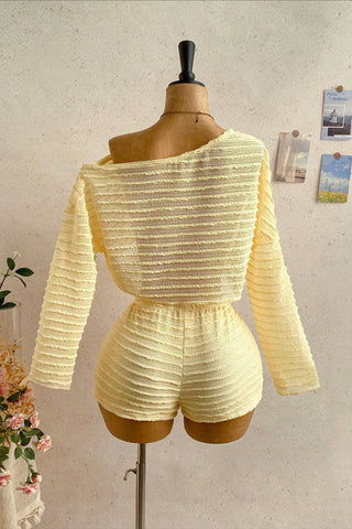 Off-Shoulder Striped Long Sleeve Short Set
