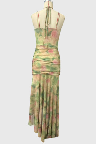 Sheer Mesh Sweetheart Ruched Maxi Dress