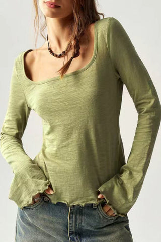Square Neck Long Sleeve Ruffle Hem Top