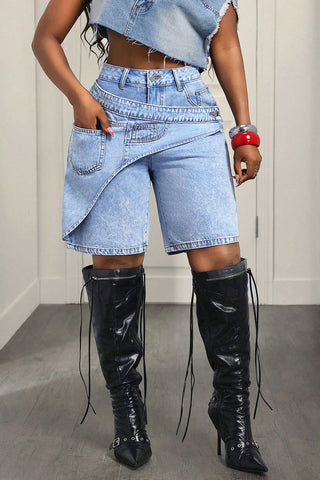 Asymmetrical Hem Denim Shorts