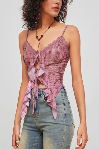 Tie-Front Ruffle Lace Trim Cami
