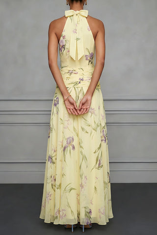 Floral Halter Ruched Maxi Dress