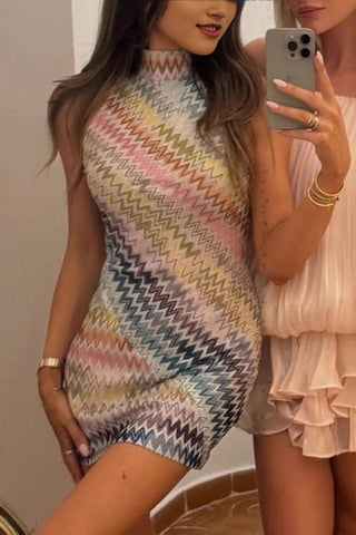 High-Neck Zigzag Casual Dress