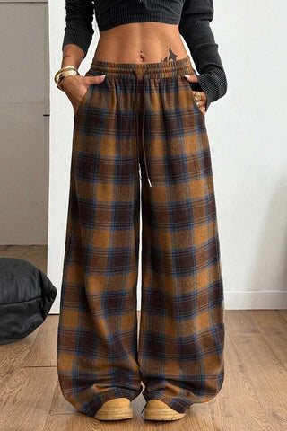 Plaid Drawstring Wide-Leg Casual Pants
