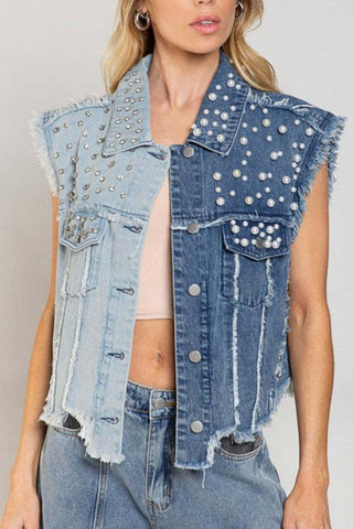 Pearl Studded Frayed Sleeveless Vest