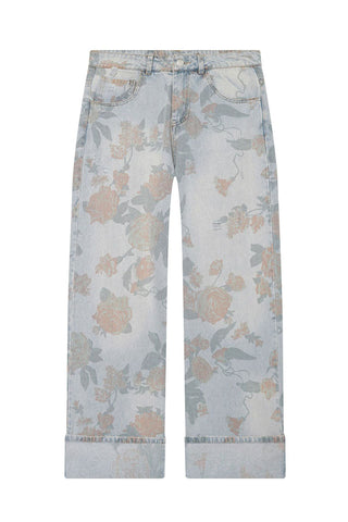 Floral Print Cuffed Wide Leg Jeans