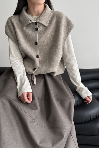 Collared Ribbed Knit Button-Front Vest