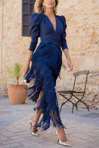 V-Neck Puff Sleeve Tiered Fringe Dress