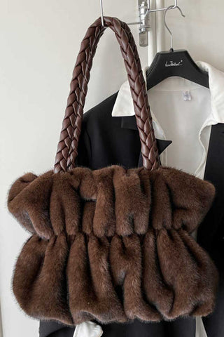 Braided Handle Faux Fur Tote Bag