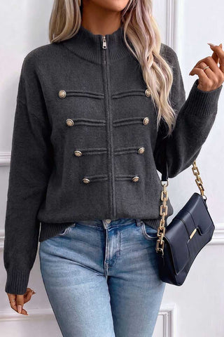 Zip-Front Mock Neck Knit Cardigan