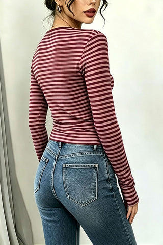 Striped Long Sleeve Tie-Front Blouse
