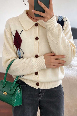 Argyle Knit Collared Button-Front Cardigan