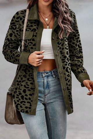 Leopard Print Ribbed Button-Front Shacket