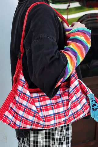 Plaid and Striped Foldable Tote Bag