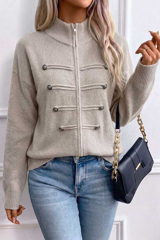Zip-Front Mock Neck Knit Cardigan