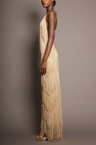 Fringe V-Neck Sleeveless Maxi Casual Dress