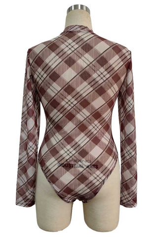 Sheer Plaid Mock Neck Long Sleeve Bodysuit