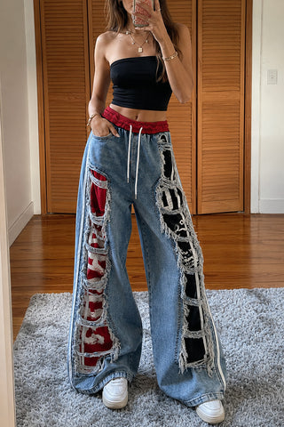 Distressed Side-Stripe Drawstring Straight Jeans