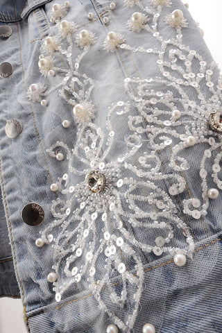 Floral Beaded Collared Denim Vest