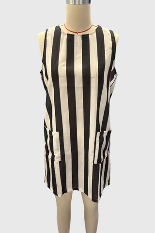 Pocketed Sleeveless Striped Mini Dress