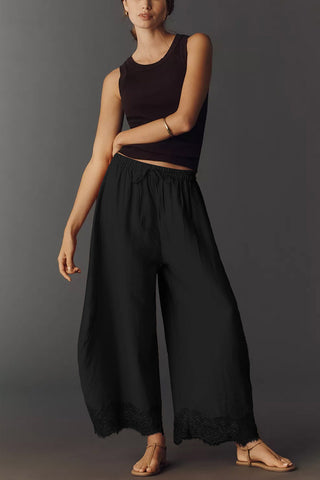 Lace-Trim Wide-Leg Casual Pants
