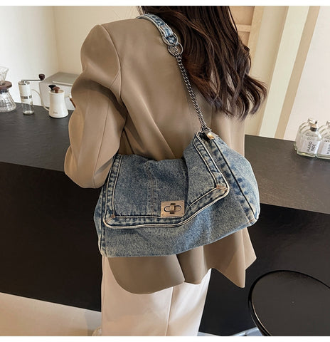 Denim Slouchy Contrast Stitching Chain Bag