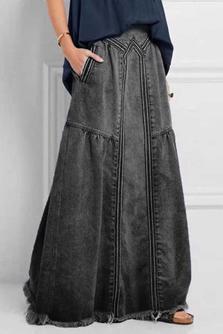 High-Waist Maxi Denim Skirt with Frayed Hem