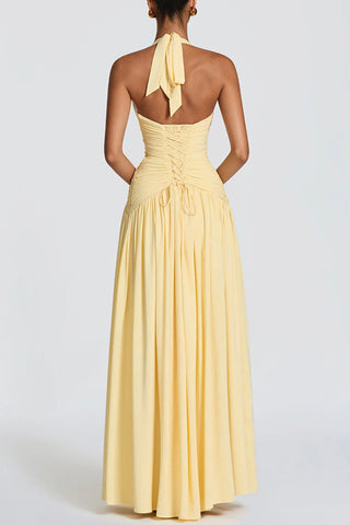 Ruched Halter V-Neck Maxi Casual Dress