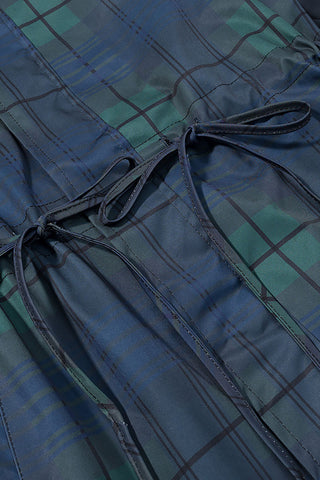 Plaid Puff Sleeve Drawstring Hooded Coat