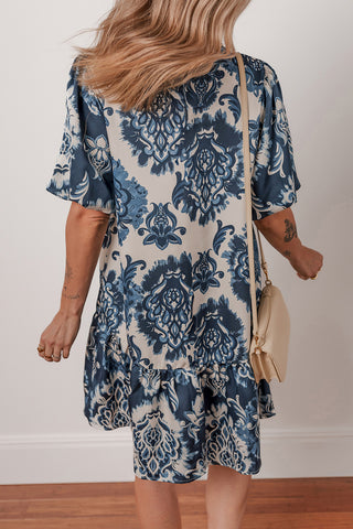 Ruffle Hem Baroque Print Dress