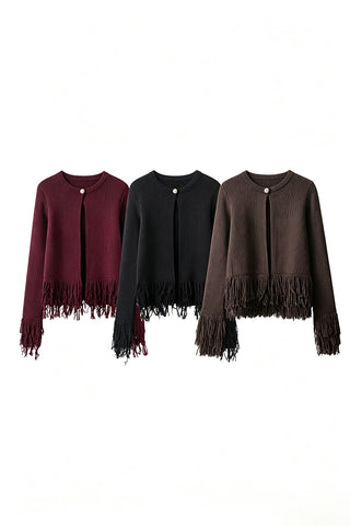 Fringe Trim Crew Neck Knit Cardigan