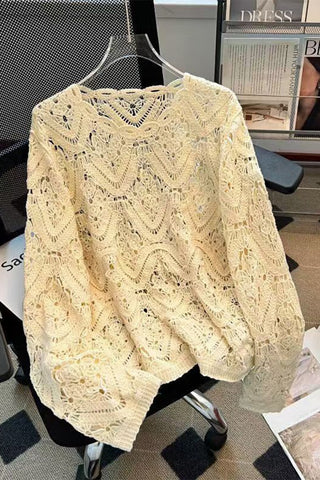 Open-Knit Crochet Crew Neck Sweater